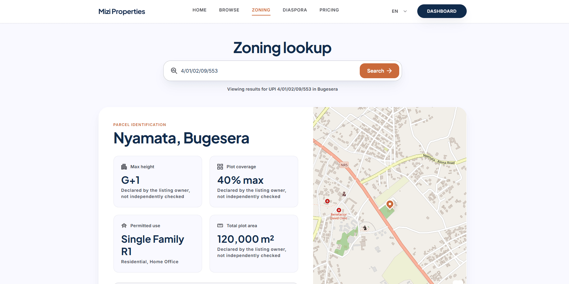 The zoning lookup showing a parcel in Nyamata, Bugesera — its permitted use, max height, plot coverage, total area and location on the map.